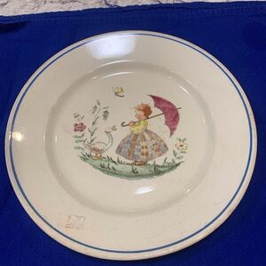 Vintage Ceramic Plate with Girl and Goose Design